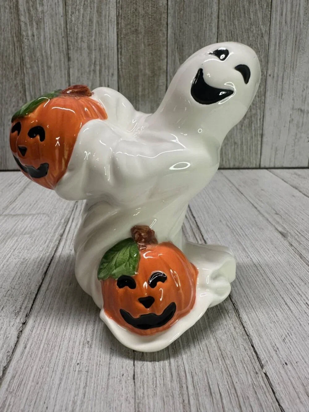 Vtg Fitz & Floyd Omnibus Sri Lanka Pair Ghosts w/ Pumpkins Candle Holders 4.5